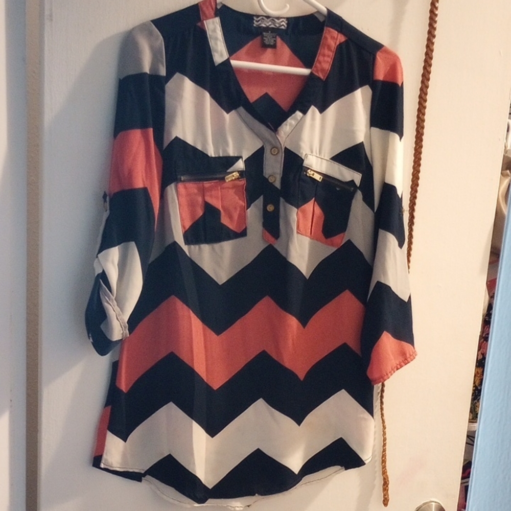 Chic Chevron Blouse - Black, White, and Coral